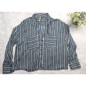 [291] Free People Women's Size XS Navy Blue Green White Stripped Blouse